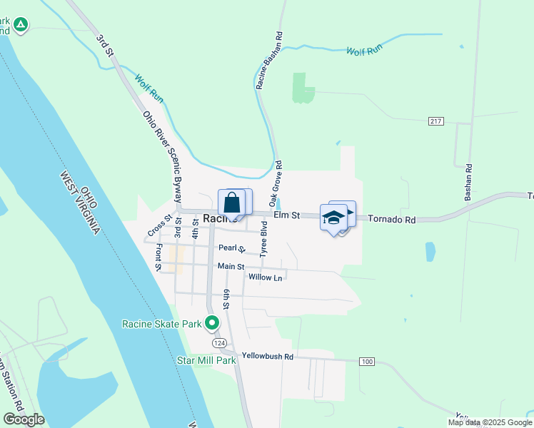 map of restaurants, bars, coffee shops, grocery stores, and more near 43945 Elm Street in Racine