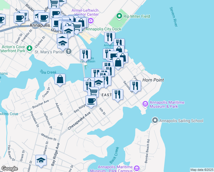 map of restaurants, bars, coffee shops, grocery stores, and more near 415 Fourth Street in Annapolis