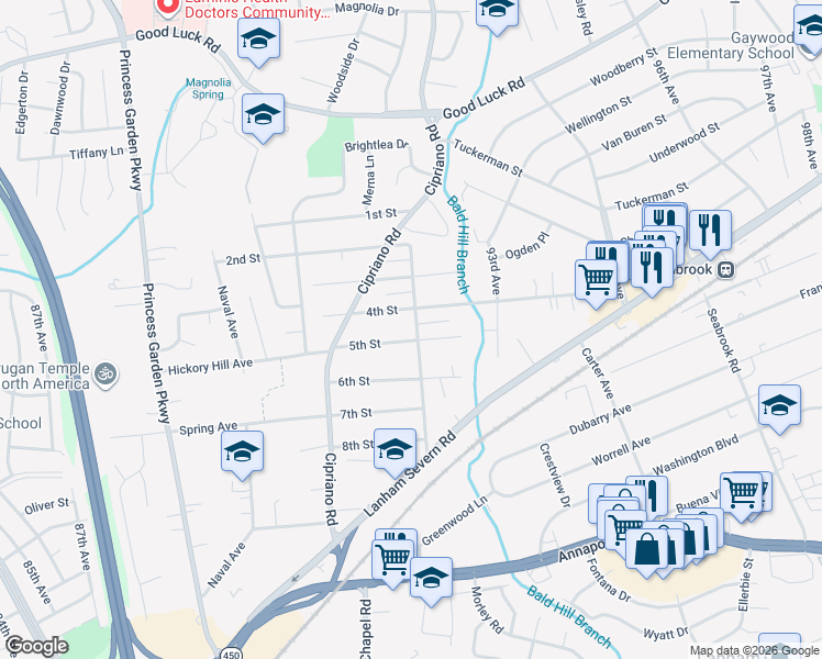 map of restaurants, bars, coffee shops, grocery stores, and more near 6202 Main Street in Lanham