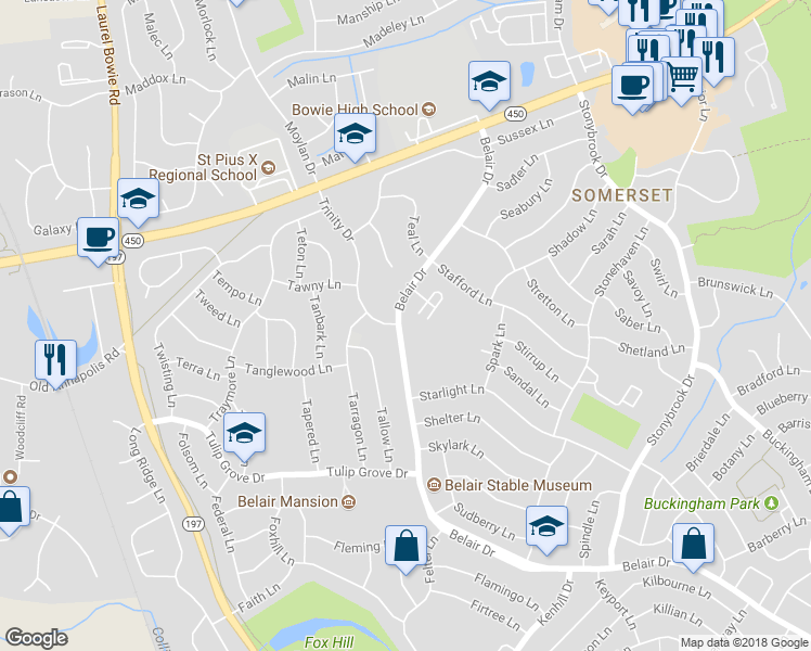 map of restaurants, bars, coffee shops, grocery stores, and more near 3019 Belair Drive in Bowie