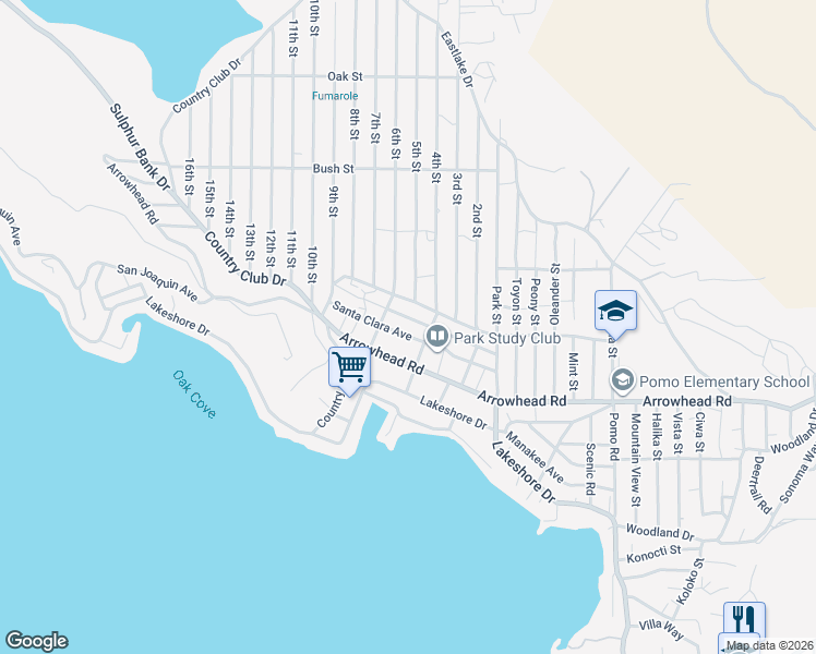 map of restaurants, bars, coffee shops, grocery stores, and more near 13530 Santa Clara Avenue in Clearlake