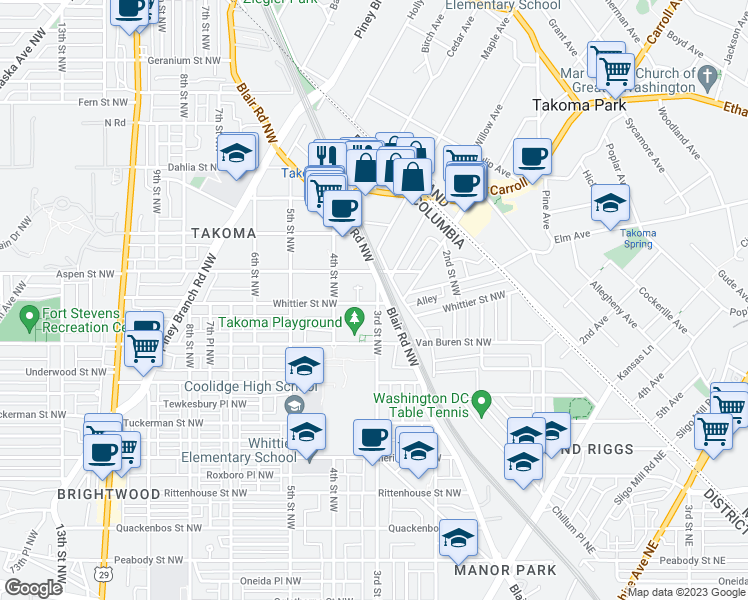 map of restaurants, bars, coffee shops, grocery stores, and more near 6718 3rd Street Northwest in Washington