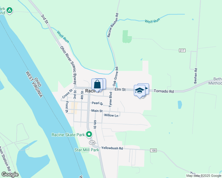 map of restaurants, bars, coffee shops, grocery stores, and more near Elm Street in Racine