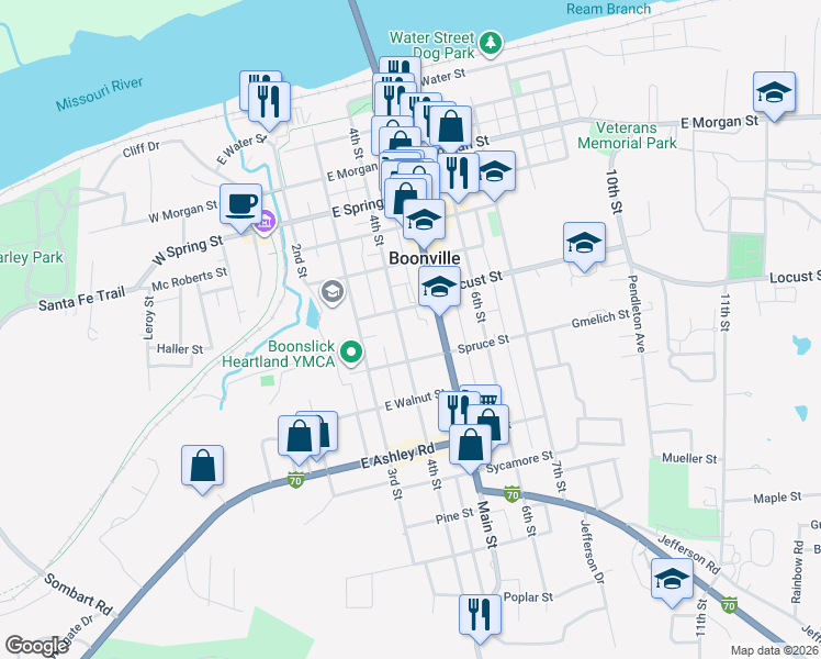 map of restaurants, bars, coffee shops, grocery stores, and more near 712 4th Street in Boonville