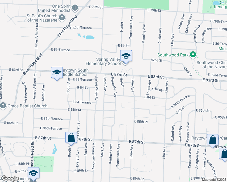 map of restaurants, bars, coffee shops, grocery stores, and more near 8314 Kentucky Avenue in Raytown