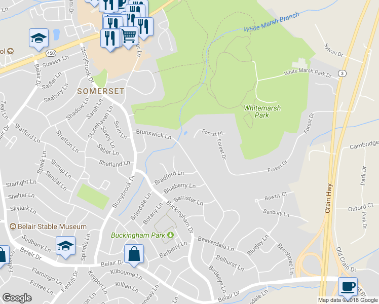 map of restaurants, bars, coffee shops, grocery stores, and more near 12706 Brunswick Lane in Bowie