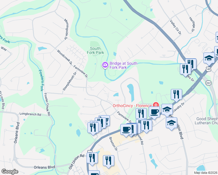 map of restaurants, bars, coffee shops, grocery stores, and more near 1160 Periwinkle Drive in Florence
