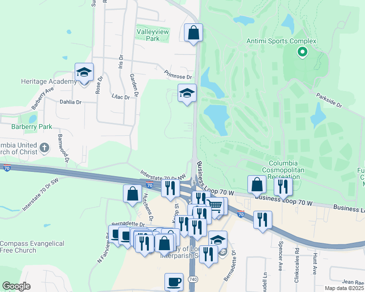 map of restaurants, bars, coffee shops, grocery stores, and more near 2200 Aaron Drive in Columbia