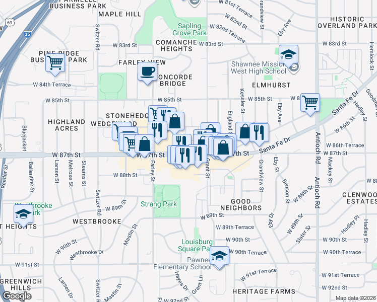 map of restaurants, bars, coffee shops, grocery stores, and more near in Overland Park