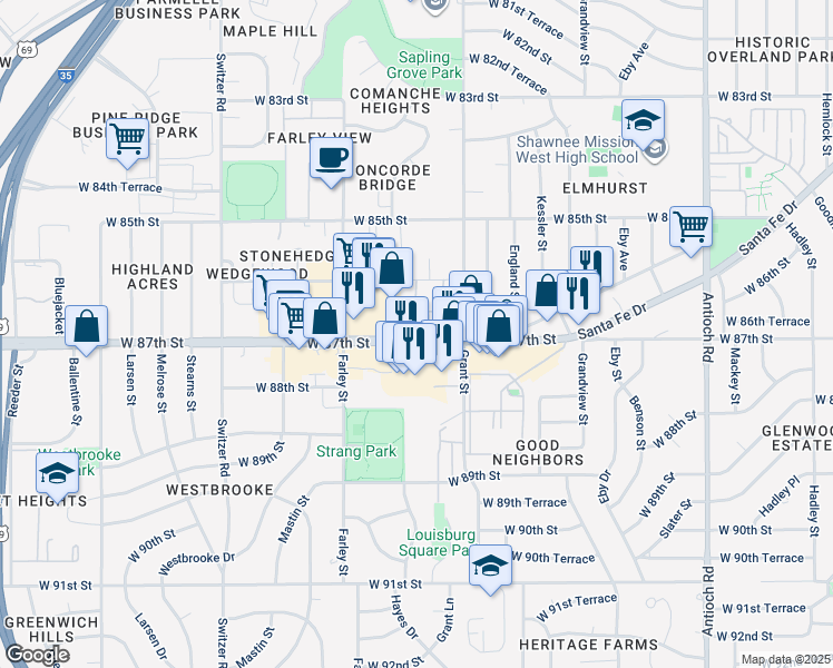 map of restaurants, bars, coffee shops, grocery stores, and more near in Overland Park