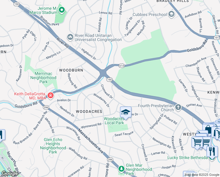 map of restaurants, bars, coffee shops, grocery stores, and more near 5805 Devonshire Drive in Bethesda