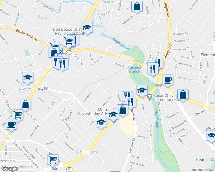 map of restaurants, bars, coffee shops, grocery stores, and more near 1216 Chillum Manor Road in Hyattsville