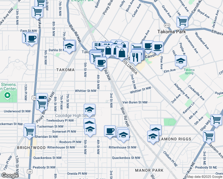 map of restaurants, bars, coffee shops, grocery stores, and more near 305 Whittier Street Northwest in Washington