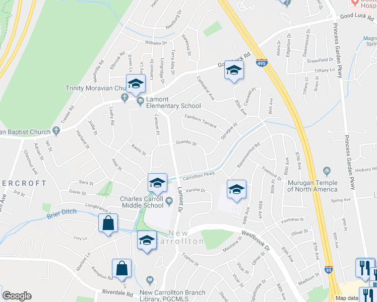 map of restaurants, bars, coffee shops, grocery stores, and more near 6413 Carrollton Court in New Carrollton