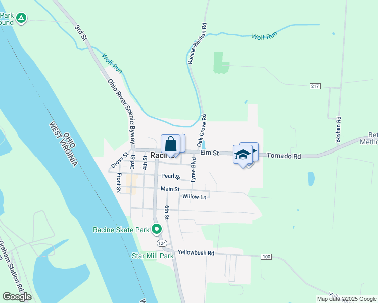 map of restaurants, bars, coffee shops, grocery stores, and more near Elm Street in Racine