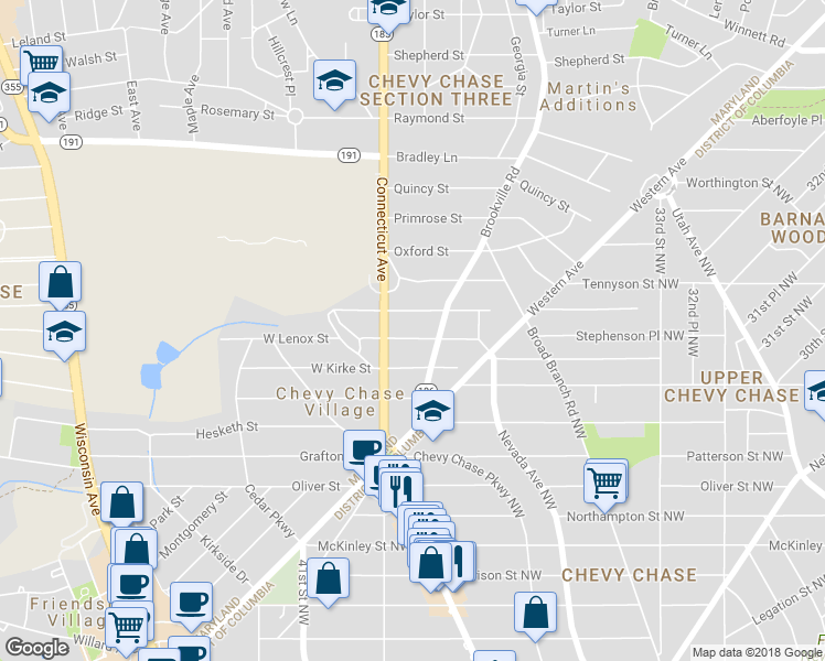 map of restaurants, bars, coffee shops, grocery stores, and more near 9 East Lenox Street in Chevy Chase
