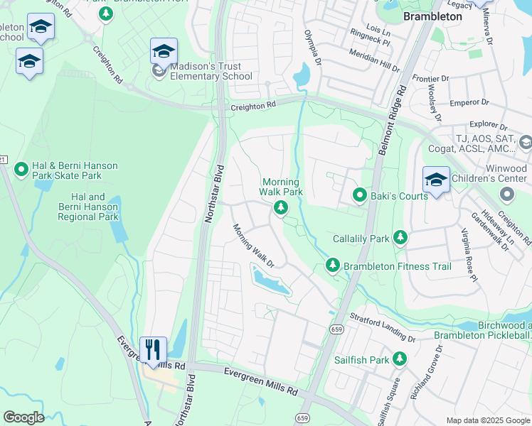 map of restaurants, bars, coffee shops, grocery stores, and more near 23301 Morning Walk Drive in Brambleton