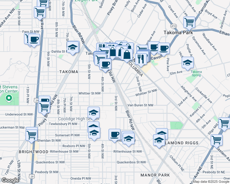map of restaurants, bars, coffee shops, grocery stores, and more near 6722 3rd Street Northwest in Washington