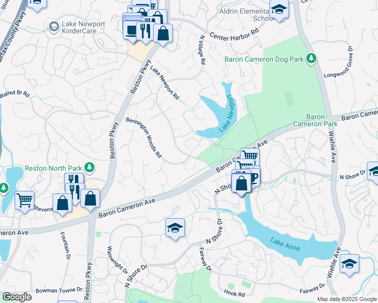 map of restaurants, bars, coffee shops, grocery stores, and more near 1591 Regatta Lane in Reston