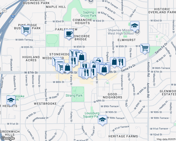 map of restaurants, bars, coffee shops, grocery stores, and more near in Overland Park