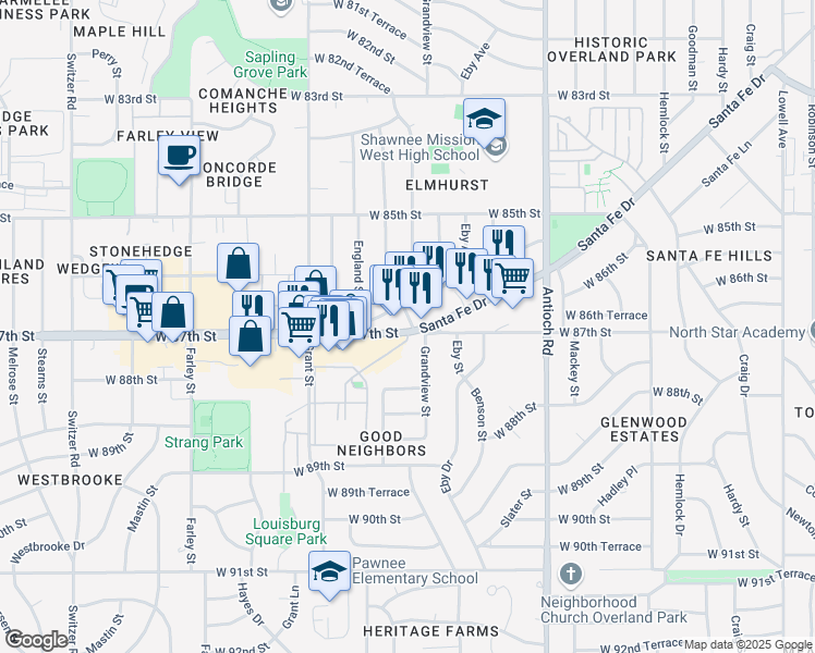 map of restaurants, bars, coffee shops, grocery stores, and more near 9148 Santa Fe Dr in Overland Park