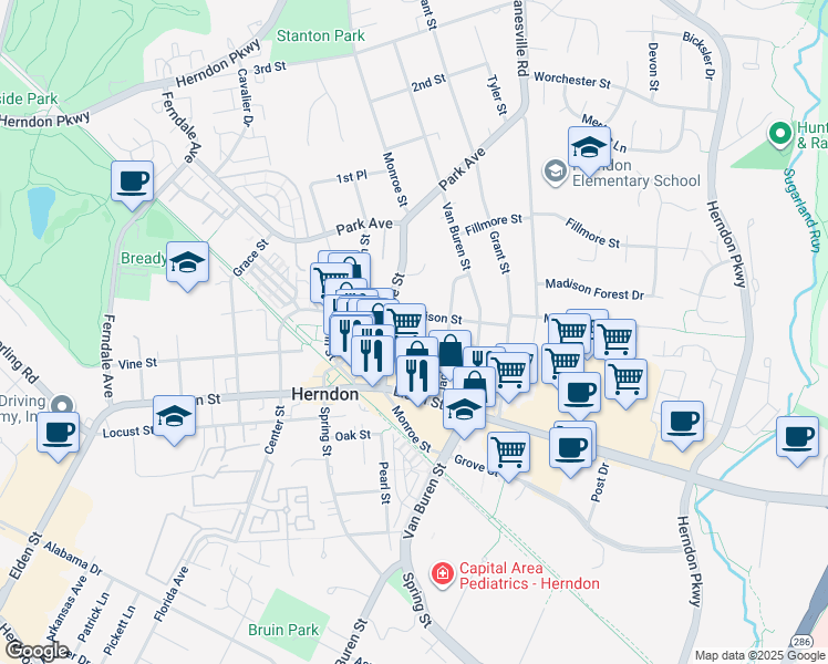 map of restaurants, bars, coffee shops, grocery stores, and more near 650 Jefferson Street in Herndon