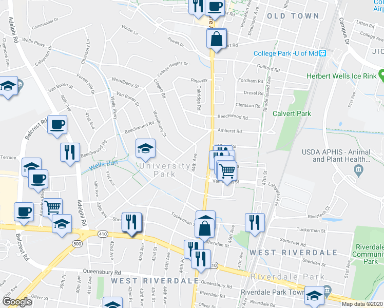 map of restaurants, bars, coffee shops, grocery stores, and more near 6712 44th Avenue in University Park