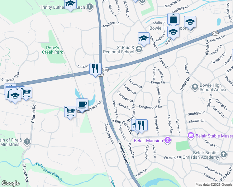 map of restaurants, bars, coffee shops, grocery stores, and more near 3009 Twisting Lane in Bowie