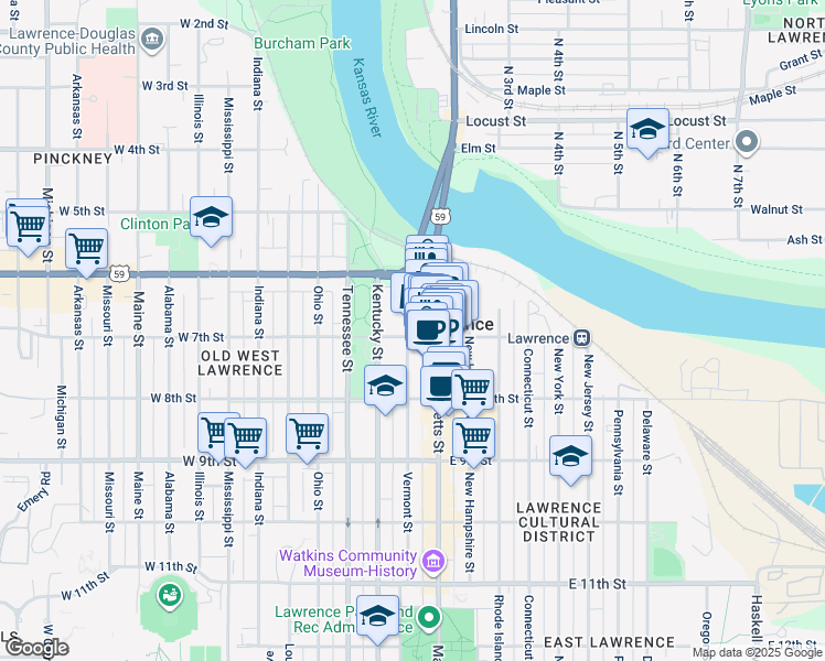 map of restaurants, bars, coffee shops, grocery stores, and more near in Lawrence