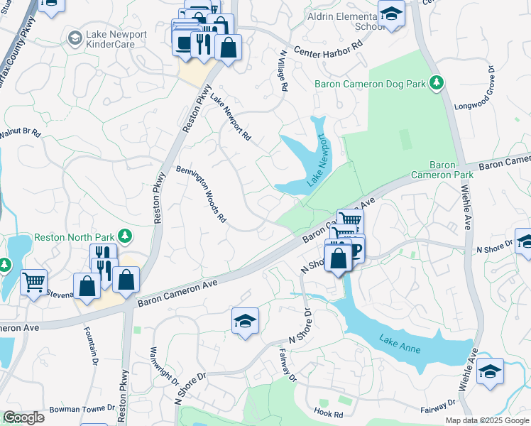 map of restaurants, bars, coffee shops, grocery stores, and more near 1591 Regatta Lane in Reston