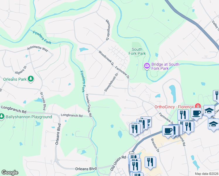map of restaurants, bars, coffee shops, grocery stores, and more near 9008 Steeplebush Lane in Florence