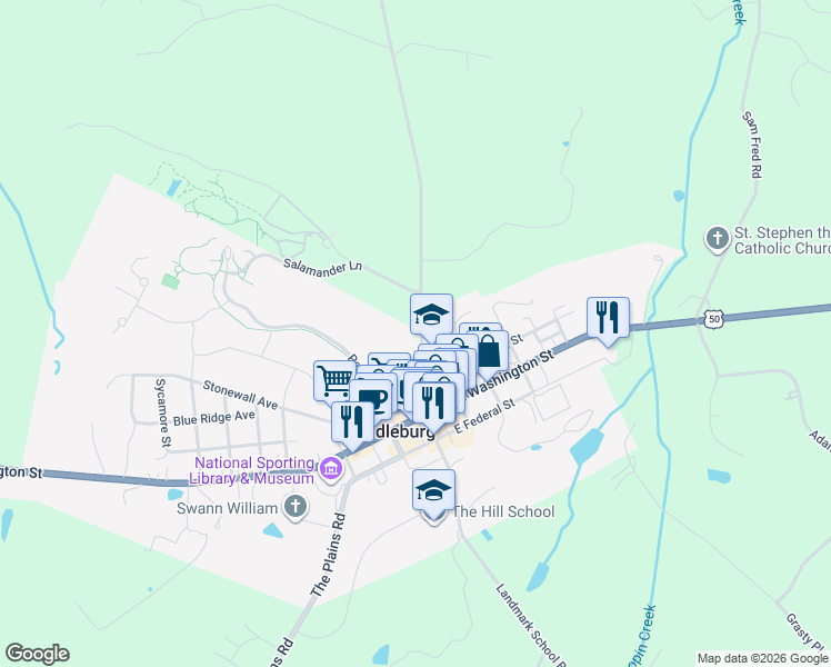 map of restaurants, bars, coffee shops, grocery stores, and more near 112 N Madison St in Middleburg