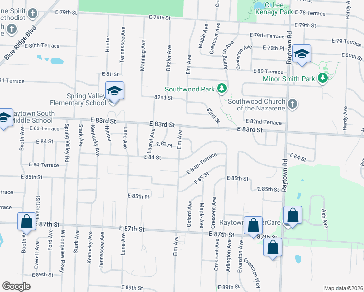map of restaurants, bars, coffee shops, grocery stores, and more near 8319 Elm Avenue in Raytown