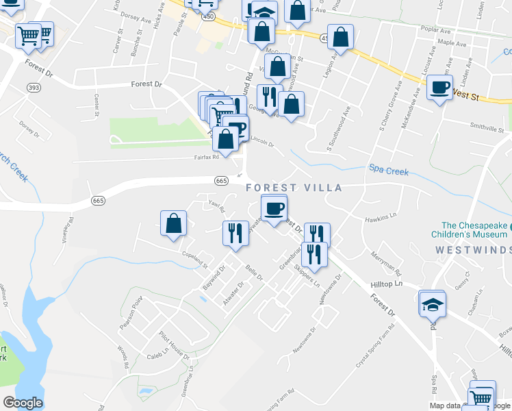 map of restaurants, bars, coffee shops, grocery stores, and more near 515 Royal Street in Annapolis