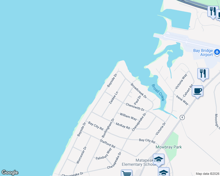 map of restaurants, bars, coffee shops, grocery stores, and more near 519 Bayside Drive in Stevensville