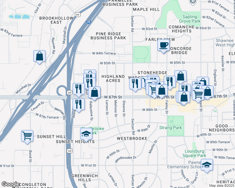 map of restaurants, bars, coffee shops, grocery stores, and more near 8643 Melrose Street in Overland Park