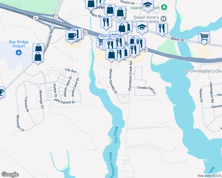 map of restaurants, bars, coffee shops, grocery stores, and more near 506 Marion Quimby Drive in Stevensville