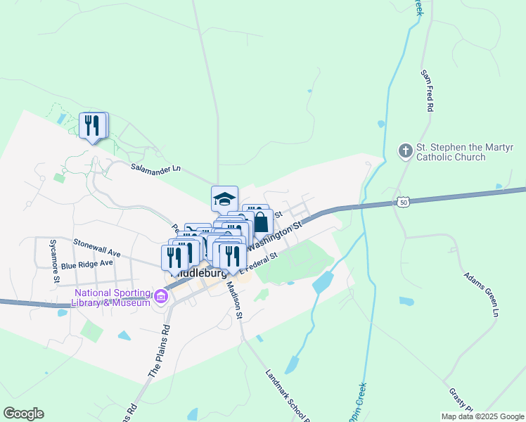 map of restaurants, bars, coffee shops, grocery stores, and more near 104 North Jay Street in Middleburg