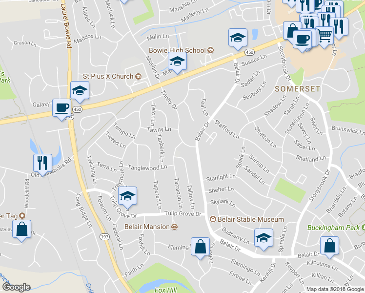 map of restaurants, bars, coffee shops, grocery stores, and more near 3006 Trinity Drive in Bowie
