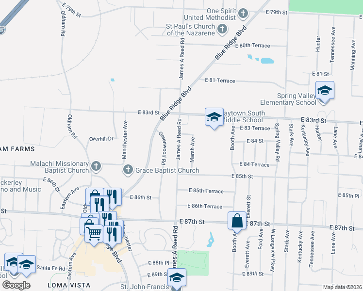 map of restaurants, bars, coffee shops, grocery stores, and more near 8405 James A Reed Road in Raytown