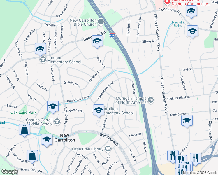 map of restaurants, bars, coffee shops, grocery stores, and more near 8301 Fremont Place in New Carrollton