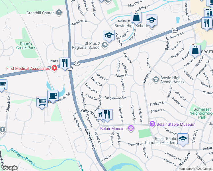 map of restaurants, bars, coffee shops, grocery stores, and more near 3022 Tyson Lane in Bowie