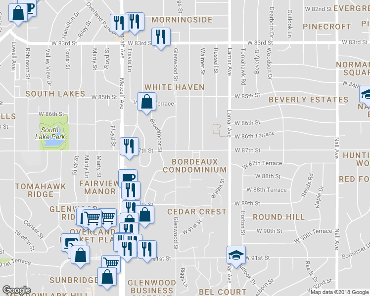 map of restaurants, bars, coffee shops, grocery stores, and more near 8666 Riggs Street in Overland Park
