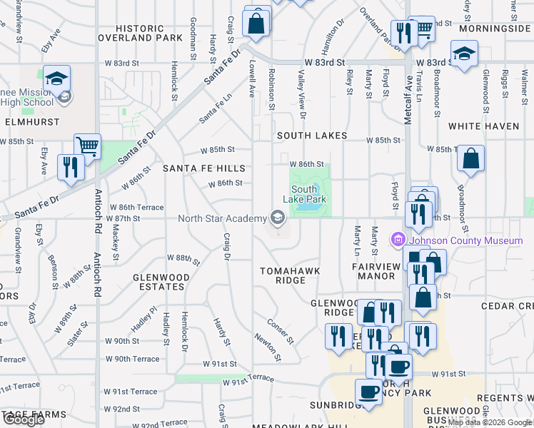 map of restaurants, bars, coffee shops, grocery stores, and more near 8660 Robinson Street in Overland Park