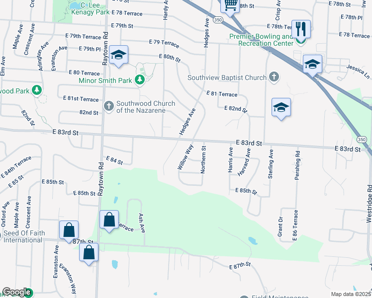 map of restaurants, bars, coffee shops, grocery stores, and more near 8308 Willow Way in Raytown