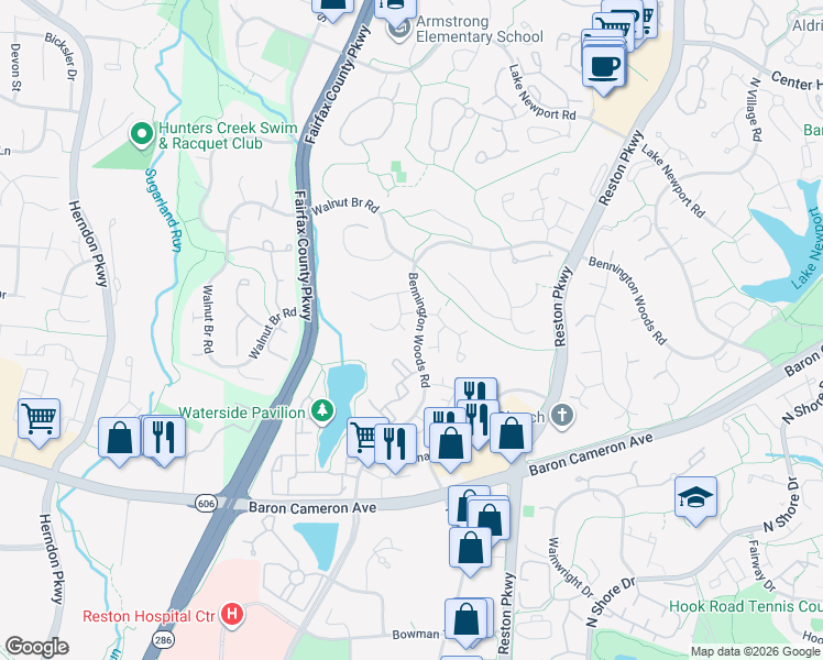 map of restaurants, bars, coffee shops, grocery stores, and more near 1663 Cedar Hollow Way in Reston