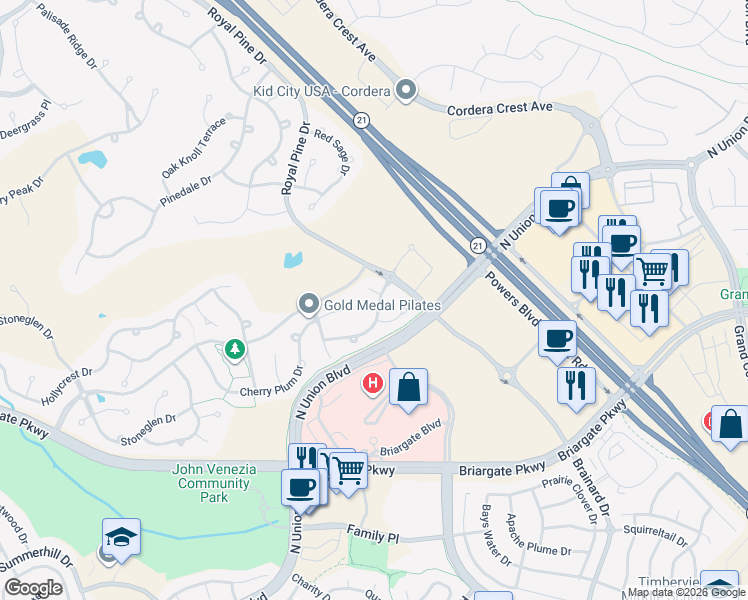 map of restaurants, bars, coffee shops, grocery stores, and more near 9608 Snowberry Circle in Colorado Springs
