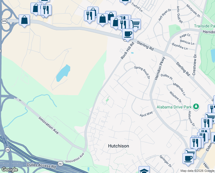 map of restaurants, bars, coffee shops, grocery stores, and more near 1515 Snowflake Court in Herndon