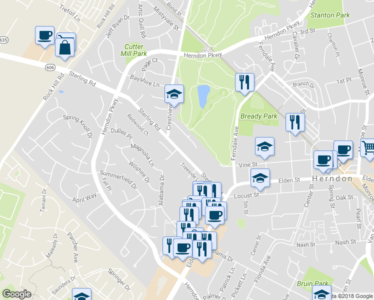 map of restaurants, bars, coffee shops, grocery stores, and more near 1142 Sterling Road in Herndon