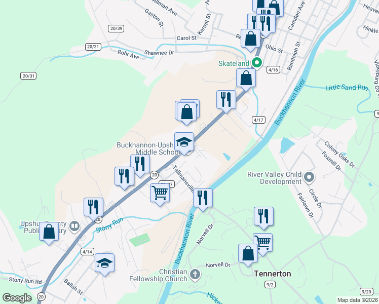 map of restaurants, bars, coffee shops, grocery stores, and more near 553 Route 20 South Road in Buckhannon